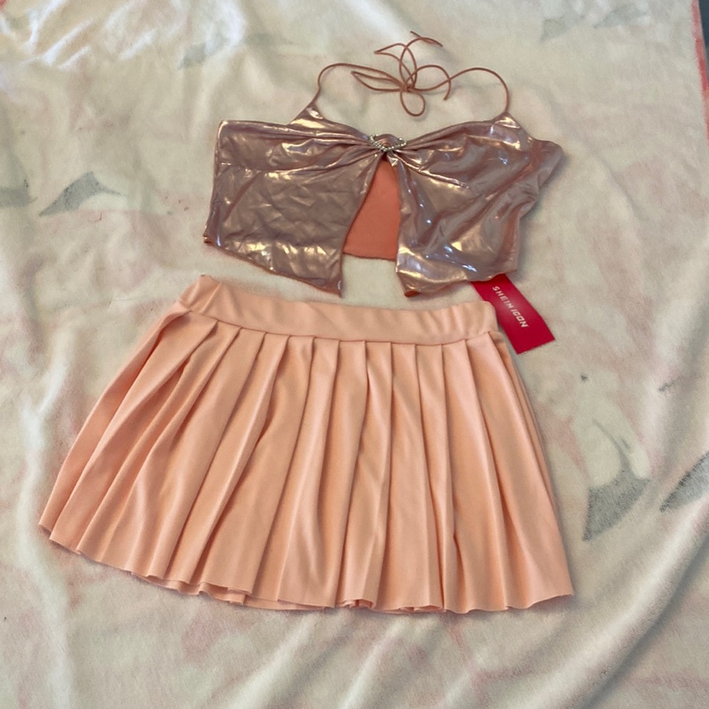 SHEIN ICON SET PASTEL PINK SHINY HALTER AND MINI SKIRT